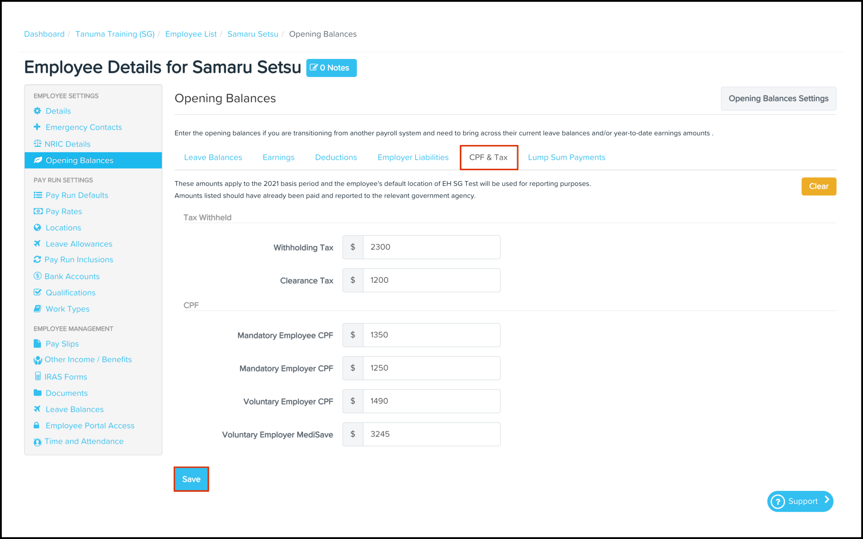 Payroll platform opening balances Employee CPF and Tax Employment