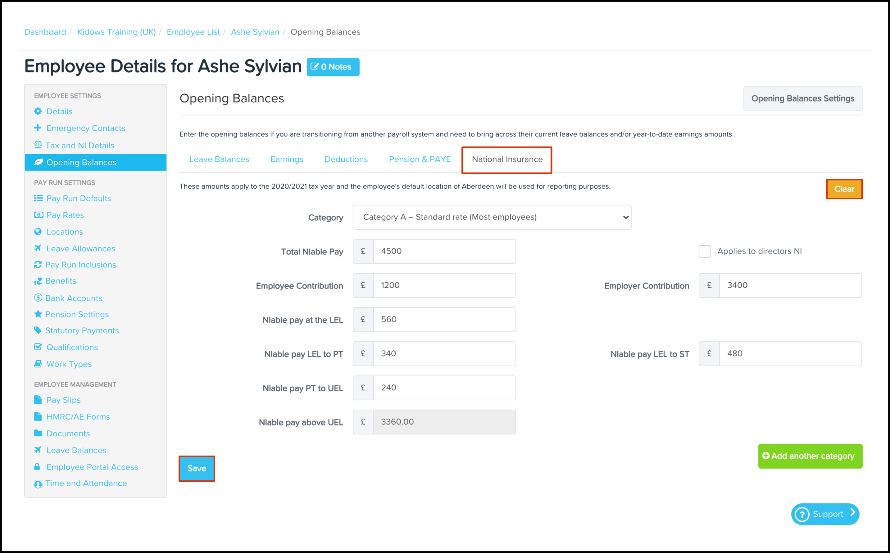Payroll platform opening balances Employee national