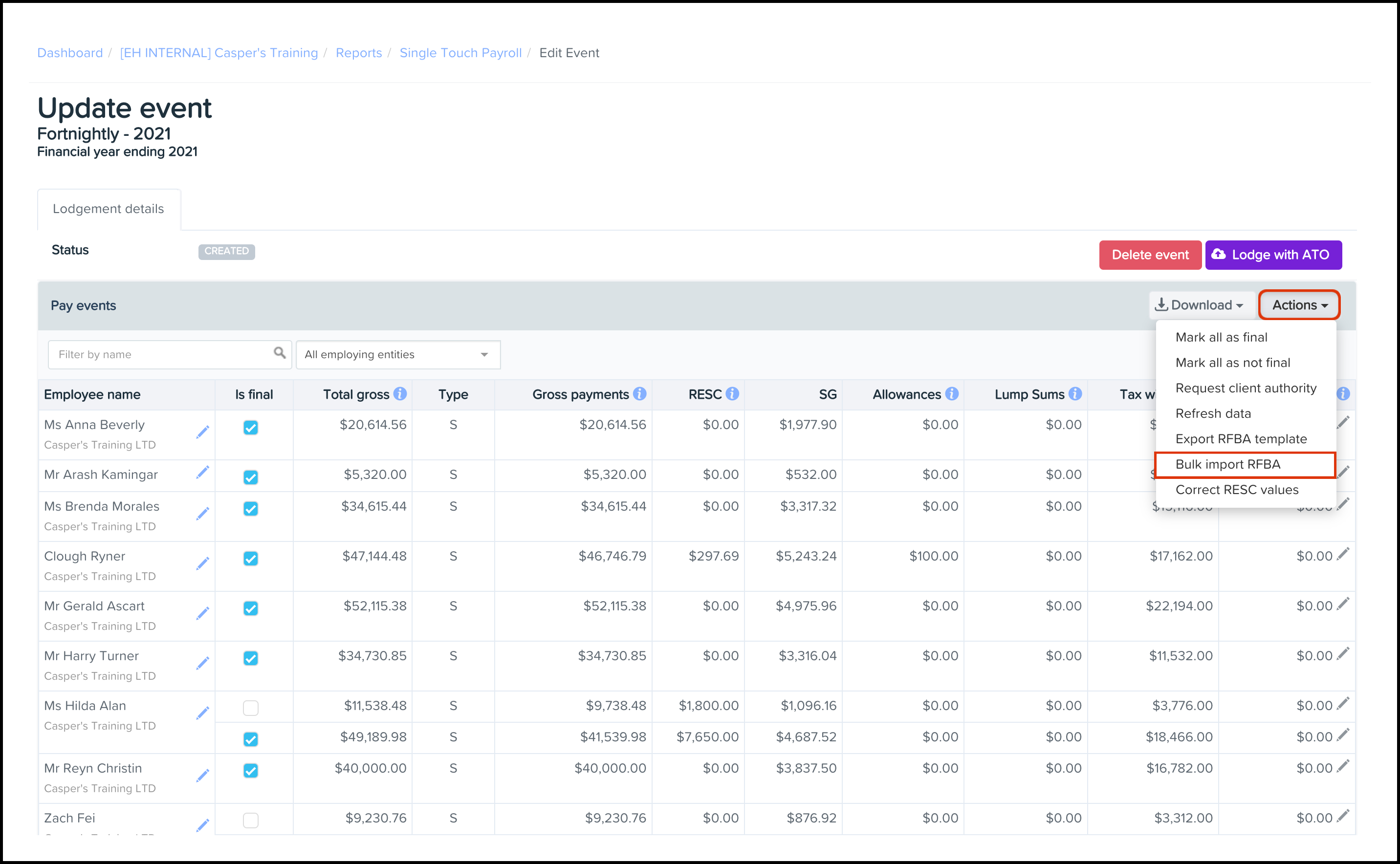 Payroll platform Manage the reportable fringe benefits amounts (RFBA